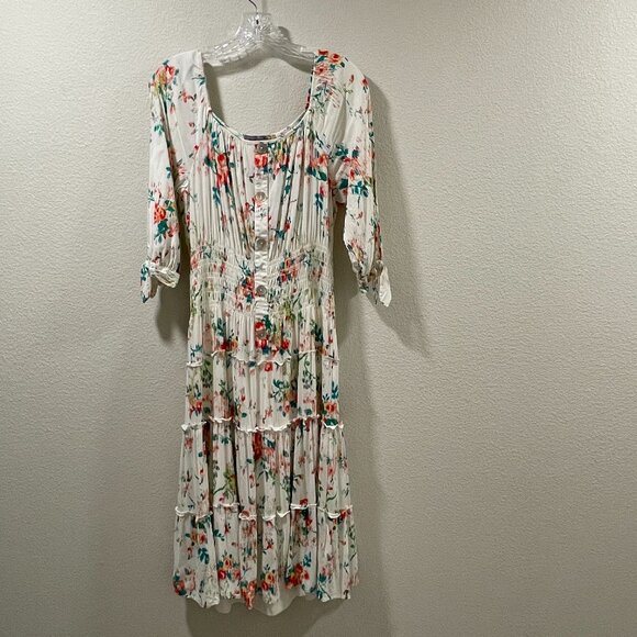 (NWT) FIGUEROA & FLOWER Short Sleeve Smocked Maxi Floral Dress, Ivory/Pink - L - Picture 1 of 16